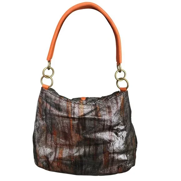 Malini Murjani Exotic Collection Leather Trim Metallic Orange Black Shoulder Bag - Picture 3 of 12